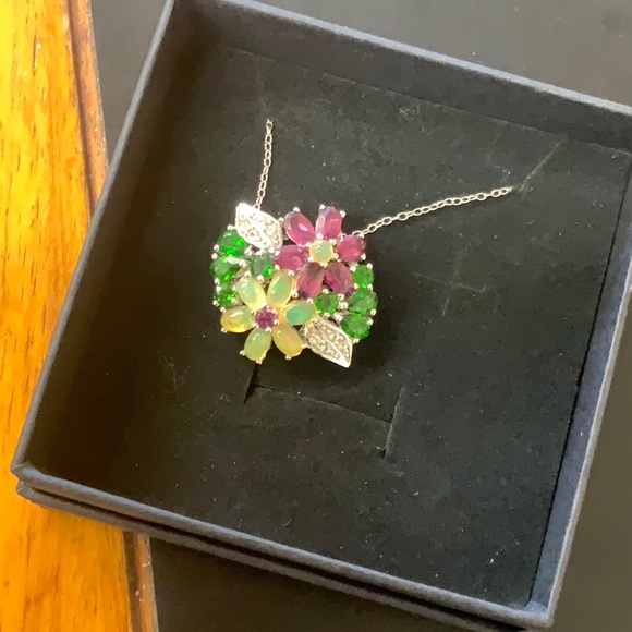 Floral Gemstone Necklace in Pink, Green, and Yellow - Picture 2 of 4